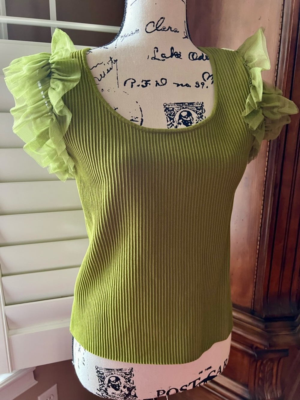 Bailey 44 Olive Green Ribbed Tank with Ruffle Cap Sleeves